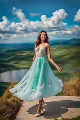 full-body closeup shot of a young, beautiful girl with a perfect face and makeup,wearing pretty dance dress standing in a stage in open air nice green hills , blue sky ,pretty clouds at distant