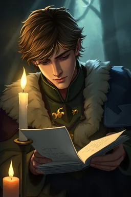 The prince secretly writing letters to his loyal friend or dreaming of freedom, the candlelight reflecting in his eyes.