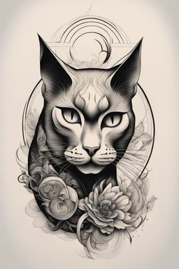 Create a captivating modern 2d ink tattoo design for print , prestigious Divine Cat using the elegant influences of japan art style, for print, dynamic elements from fashion and design, and bold Japanese contemporary art aesthetics, framing centered in the center, distanced from the edges of the paper perimeter, perfect anatomy, bauhaus, Divine Proportion,