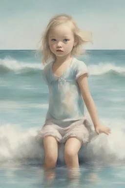 Illustration of model gemma ward as toddler,at the sea, bathing, style of Marcel Marlier, pastel colors