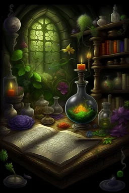 An illustration to an ancient reference book of the dwelling of fairy-tale characters, graphics, text with symbols, an alchemist's laboratory. realistic, scientific, detailed, patterns, cobwebs, decoupage of garden flowers,fabulous,hyperrealism,microdetalization,surreal,drawing,clear outline,color illustration,aesthetics,mystical landscape,dark botanical,dark fantasy,multicolor,detailed,threads,fibers,ambient clarity,volumetric,hyperdetalization,