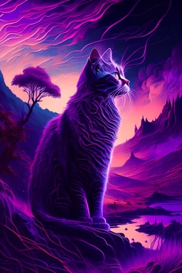 majestic cat, psychedelic, violet tones, fantasy landscape