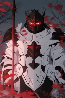 The character, in a striking white armour against a wintry backdrop stands with his hands behind his back inside the scene, he has a red and black circular symbol on his chest like a shield, a black pointed spear with a red handle on his back, His eyes are showing a dynamic expression and he wears a black oni mask with white teeth on it covering the bottom part of his mouth he has brown shoulder pads and a white belt with a bag attached to it. He has dark brown hair, he does not wear a helmet.