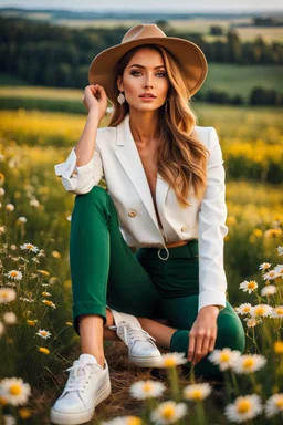 fullbody close up shot of young-beautiful-girl-with-a-perfect-face wearing pants and thight blouse and jacket spory shoes, country side green field flowers day lights