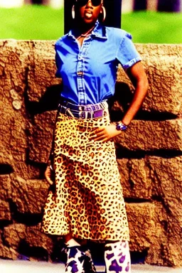 year 1996 denim fashion. Loose skirt, low waist. Colors: denim blue, blue, purple, cream, khaki, light green, lilac, plum, orange, terracotta, red, light yellow, pink, dark blue, beige. Cheetah pattern. Gwen Stephani, Missy Elliot, Shirley Manson.