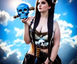 Very sensual gorgeous curvy young white woman brunette hair maiden dressed in blue posing sensually with plaits, and with a skull in her hand, background of ancient marble Roman arcs heavenly sunshine beams divine bright soft focus holy in the clouds steampunk engine steampunk engine.