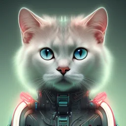 A cute portrait of a cyborg cat white neon color scheme, high key lighting, volumetric light high details psychedelic background