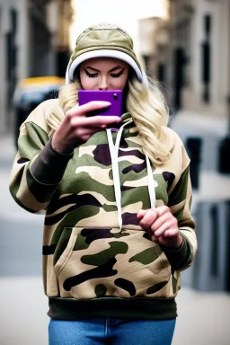 blonde taking selfie.thick thighs,thick calves,flat belly,curvy fell. NOVEL kind of hoodie, form which condescends with integrated bag[SIC]. It is sewed together of camouflage pieces, whose color are all denim colors,cream, brown and purple. Big colored headphones (gold rings!) is merged with small felt cap with small visor. Big bright purple felt tippet and birght-colored-hood is merged with colorful beanie. Inside is orange. Style: 1990's Finland