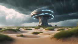 Exterior view from a futuristic group of buildings, stones, grass, metallic, storm clouds, electric rain, tornado, sea, futuristic, dramatic cinematic shot, 4k, sand dunes, octane render, alien, fractals, laser lights, alien vegetation, fluorescent,