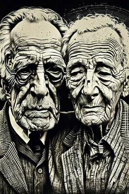 an old couple faces olae vintage photo with stronge glich technique, grey-brown, defects, graininess, white noise, lines, scratches, glitch art