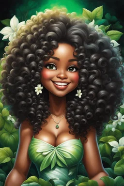 vibrant noir art oil painting with airbrush, 8k, cartoon art image of a chibi Caribbean curvy female looking to the side smiling with a large mane of curly ombre afro, prominent makeup with hazel eyes, highly detailed hair, background of green and white jasmine flowers surrounding her