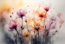 beautiful collection of flowers, melting watercolor and black ink outlines on wet paper, soft, shading strokes, in sunshine, ethereal, otherwordly, cinematic postprocessing, bokeh, dof