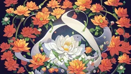 Floral composition of Jade Vine, ghost orchid, Lotus, Camellia japonica, Banksia, Dicentra Formosa, assorted leaves, and butterflies on a deep dark background