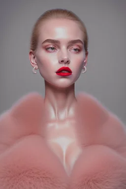 Minimalistic portrait of a beautiful and sexy woman with red lips and cold big eyes wearing earrings, a light pink fur coat in a haute couture style isolated on a dark background, cinematic lighting, ultra-realistic, shot in the style of hasselblad x2d + pishington e skinner + peter coulson, minimalism --ar 5164