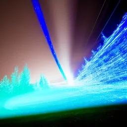 Icy Bright blue light painting at night of Electron Storm in the shape of vertigo kissing in the sky