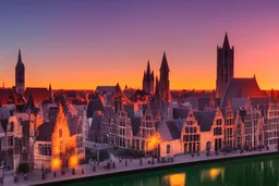 a photorealistic image of Ghent, sunset, abstract, featuring the skyline