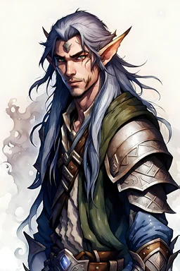 create a male fantasy Pathfinder elf RPG full body character illustration with highly detailed facial features long hair in the art style of Wayne Reynolds, ink wash and watercolor, 8k, ArtStation, DeviantArt
