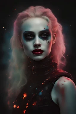portrait of a harley quinn Mystical mirages, glowing, analog style, ashes bursting into flame, profile, alien girl, sublime aesthetic, serene dream Vinyl face with spectral projection, astral background arrayed scene bokeh, hyper-detailed painting, layered fine detailed texture, + concept art, style of jeremy geddes, jean delville, auguste raynaud, complex, 4k resolution concept art dim lighting, hyperdetailed intricately detailed art trending on Artstation triadic colors, volumetric lighting gr