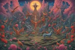 Massive Baphomet God in distant background casting light upon a surreal "Baphomet Garden of Violent Delights", mephitic Boschian birds occupy the stygian arbory; expansive insane intricately detailed landscape; asymmetrical hellish neo surrealism, vibrant colors, evil psychedelia fantasy, liquid matte oil painting, sinister mysterious, ultra complex design, hellflowers satan's power grow more beautiful by the hour, by Alex Grey, by Zdzislaw Beksinski.