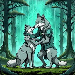 digital art from anthropomorphic wolves family one gray bodyhair anthro wolf female hugs her two anhtro wolf child on field, in background tall trees wirh big trunks, rain, down on blue-green moss, hug each other , rainy day, high contrast, high detalied, atmospheric, dark fantasy, sci-fi mood