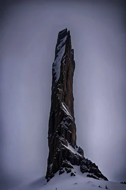 looking up at one single mountain pillar snowy face rises out of the mist into the night sky.