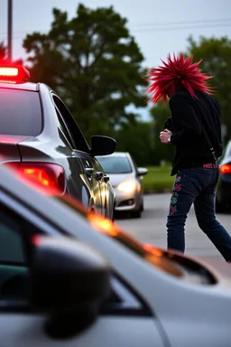 A very angry and bitter punk rocker tries to get in his car, while a other car is to close on a parking lot