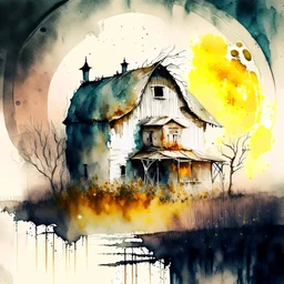 An old barn, the half moon shine bright,wamp with horror and beauty intricate, beautiful ,fog, mikalojus konstantinas, čiurlionis chinese watercolor ,Double Exposure ,Effect surreal, poetic style ,Sepia effect, Pen and ink sketch,