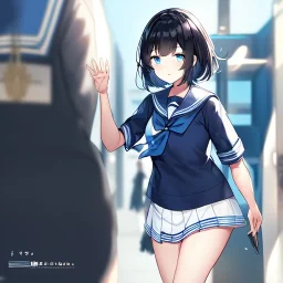 Clear focus,High resolution, Black short fluffy hair, and blue eyes, wearing a sailor uniform, must wear a short skirt with a horizontal line