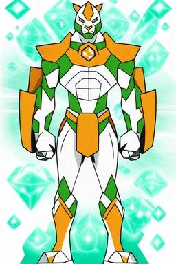 A new space creature from Ben 10 cartoon. Strong and graceful. From the White Tiger faction. Advanced hybrid metal golem. And the diamonds. He has a glowing green tattoo in the shape of old magic words