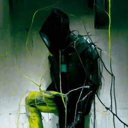 Minimal contemporary abstract oil paintings close up person wearing hazmat suit limbs sinew and concrete fragments. Wires hanging. illuminated at night style of Justin Mortimer And Francis bacon And ashley wood