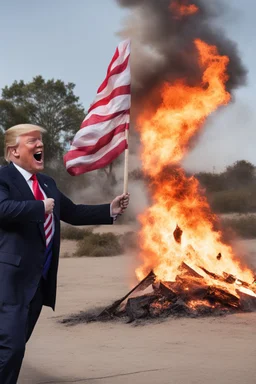 donald trump maniacally laughing, burning the american flag