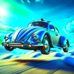 jet-fighter vw-beetle hybrid, retrofuturistic, phototrealism, in flight, one subject,