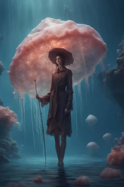 tall slim woman in ragged clothing, in an underwater scenen, holding an umbrella made from a jellyfish, raining, detailed matte painting, deep colour, fantastical, intricate detail, complementary colours, fantasy concept art, 8k resolution, Unreal Engine 5