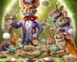 the mad hatter's tea party, long table, the march hare, the mad hatter, field mouse, alice, the cheshire cat, alice in wonderland, signpost pointing in different directions, orbs of light, tea pot, teacup, film still