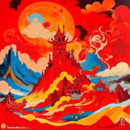 A red fiery castle near a volcano designed in Chinese paper art painted by Wassily Kandinsky