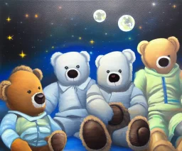 little boy and big teddy bears on moon. drifting in old bmw. oil on canvas