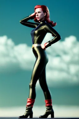 retro portrait image from 1960, sky background, wind, long red hair, fighting stance, sweet young Scarlett Johansson, black dress, classic long tight lycra black suit, gold bracelet and belt, high heel boots, superhero style, soft color, highly detailed, unreal engine 5, ray tracing, RTX, lumen lighting, ultra detail, volumetric lighting, 3d, finely drawn, high definition, high resolution.