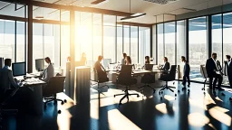 Certainly, here is a more detailed description of the ideal image for the article about "Successful Recruitment Strategies in the Business World" in English: The image features a well-lit, modern office space with large windows that provide ample natural light. The room is filled with a diverse group of employees who are engaged in various activities that reflect a dynamic work environment. In the foreground, a conference table is visible, where a team of professionals is gathered for a recruit