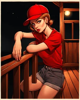 woman with a red baseball hat. leaning on a wooden balcony. night time. fantasy. cartoon. studio lightining.