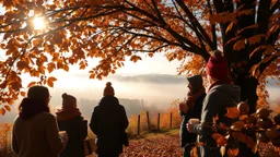 Autumn: falling leaves, Misty mornings, fog over distant fields or forests, sunshine; people wearing scarves, woolly hats, gloves, holding steaming hot drinks; chestnuts, acorns, berries, rowan, holly, mistletoe, birds migrating, squirrels gathering nuts, rabbits, beautiful colours, atmospheric. Award winning photograph.