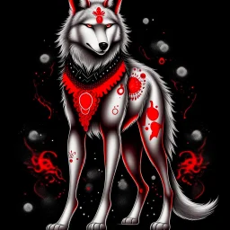 anthropomorphic wolf full body art illustration black background red and white color full body