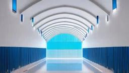 Bright interior view of a chapel with high ceilings. The walls are painted in white, and the floor is made up of large horizontal glass panels that reflect the colored sections of the ceiling. The ceiling also has multiple rectangular cutouts created by different materials and colors that hang over the top of each arch and on each side. At the bottom of the wall are two rows of blue hanging lights inside. On both sides of the small board and along the left side is a group of 3 taller and more sp