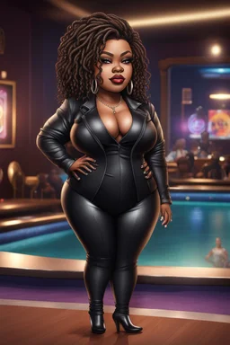 Create a digital airbrush chibi cartoon of a black plus size female wearing a black leather suit with black heels. Prominent make up with brown eyes. Highly detail black shiny locs that flow down her back. Extra-long diamond hoop earrings and jewelry. Background of a night club with a pool table behind her