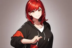 An anime young adult female with medium length red hair, brown eyes, wearing a black hoodie, realistic, slight smile