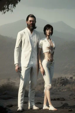 by Greg Rutkowski, Sung Choi, Mitchell Mohrhauser, Maciej Kuciara, Johnson Ting, Maxim Verehin, Peter Konig, 8K, a Highly detailed stunning image of Dom man with a submissive woman, white suit, beard, and short hair,