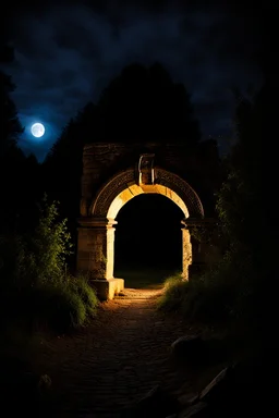 Stone moongate glowing at night under a full moon dark fantasy