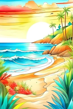 create colored cover paint,beach landscape ink with pencils coloring ,illustration design covers all the page,brilliant colors