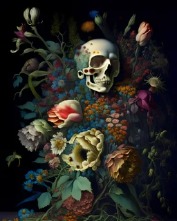 an ultra 8k detailed painting of many different types of flowers growing out of a human skul, by John Constable, Rachel Ruysch, generative art, intricate patterns, colorful, photorealistic