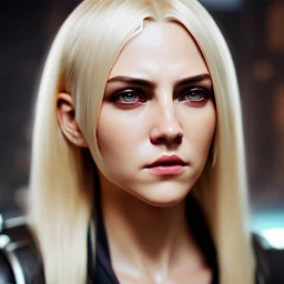 Photorealistic headshot of a beautiful fierce blonde assassin cyberpunk dynamic pose