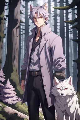 The handsome and perfect full body is on the spruce land, anime, a casual, gray-haired and lilac-eyed male character with wolf ears and a feline tail in the forest, 8K resolution, high quality, ultra graphics, and detailed with lines.